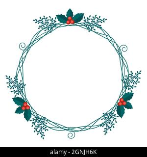 Merry Christmas floral round frame with winter plants frame - wreath in flat style. Illustrations with botanical symbols of holiday - pine, leaves, co Stock Vector