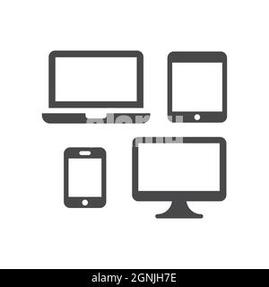 Electronic devices black vector icon set. Tv screen, laptop, smartphone and tablet responsive design symbols. Stock Vector