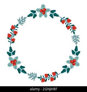 Merry Christmas floral round frame with winter plants frame - wreath in flat style. Illustrations with botanical symbols of holiday - pine, leaves, co Stock Vector