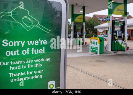 West Road, Southend on Sea, Essex, UK. 26th Sep, 2021. Following the panic buying of fuel a BP petrol station in Southend on Sea still hasn't received a delivery and remains closed Stock Photo