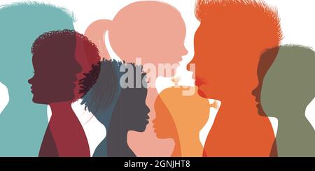 Heads faces colored silhouettes multicultural and multiethnic diversity children in profile. Concept of study education and learning. Kindergarten Stock Vector