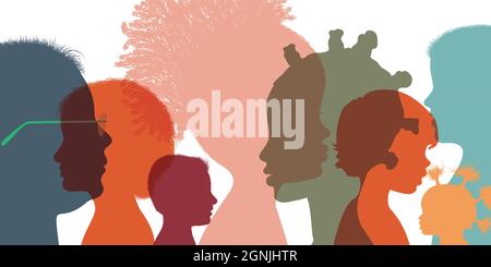 Heads faces colored silhouettes multicultural and multiethnic diversity children in profile. Kindergarten or elementary school education. Education Stock Vector