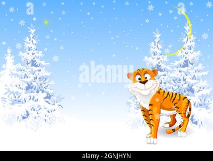 Cartoon tiger in the winter forest against the background of snowy trees and the sky with snowflakes. Stock Vector