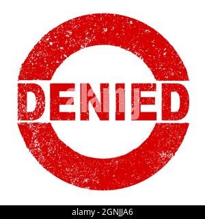 A red grunge rubber ink stamp with the text Denied over a white background Stock Photo