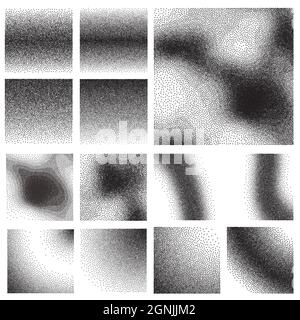 Trendy abstract stipple grunge texture set in pop art style. Dotwork gradient pattern. Vector halftone dotwork gradient. EPS 10. Stock Vector