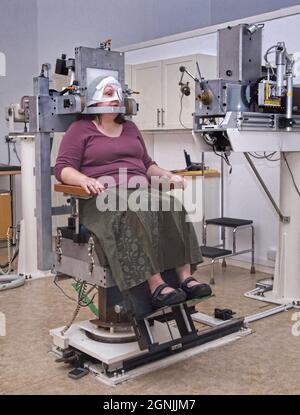 Proton beam therapy for treatment of a carcinoma within the eye. Stock Photo