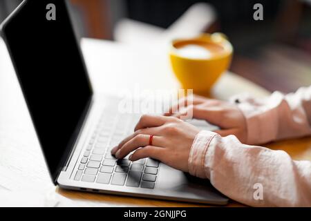 Young woman typing on laptop computer keyboard, sitting in cafe and drinking coffee, crop, closeup, copy space Stock Photo