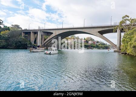 Tarban Creek Bridge Bridge is a concrete arch road bridge completed in 1965, one year after the nearby, much larger Gladesville Bridge Stock Photo