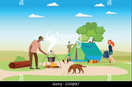 A Team of friends preparing to settle outdoors on a camp Stock Vector