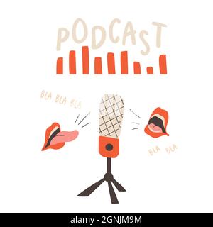 Podcast cover. Studio microphone on a stand, sound wave and open speaking mouths. Vector flat illustration EPS 10 Stock Vector