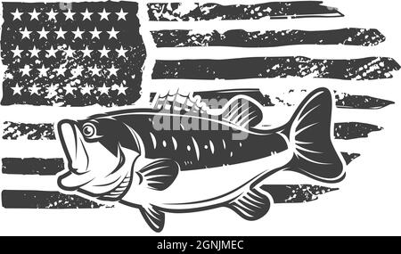 Bass fishing club. Bass fish on american flag background. Design