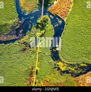 Straight dawn view from flying drone of bridge over Seret river, Ternopil region, Ukraine, Europe. Captivating summer scene of green flooded valley. B Stock Photo