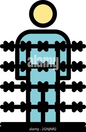 Immigrant behind wire spike icon. Outline immigrant behind wire spike vector icon color flat isolated Stock Vector