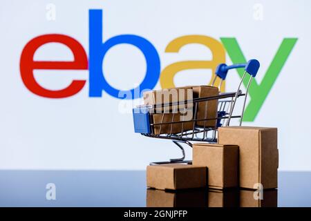 Shopping cart with parcels on the background of the eBay logo. Stock Photo