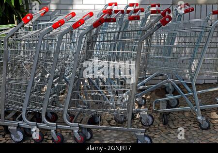 RIO DE JANEIRO, BRAZIL - DECEMBER 1, 2019: Grocery carts, a metal cart in a supermarket Stock Photo