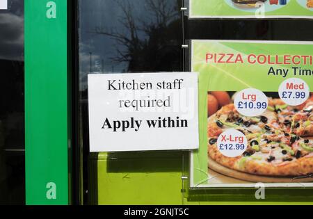 Kitchen staff equired sign on a fast food tke away shop in Herefordshire UK September 2021 Stock Photo