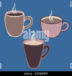 Vector illustration with set  of cups. Isolated cups of coffee with steam. Stock Vector