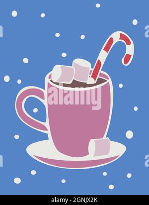Vector illustration with mug of hot chocolate with marshmallow and candy cane. Design for postcard. Stock Vector