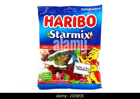 Haribo Candies package on white background. Haribo is a German Confectionery Company Stock Photo