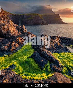 Spectacular Mulafossur waterfall on the island Vagar in the Faroe ...