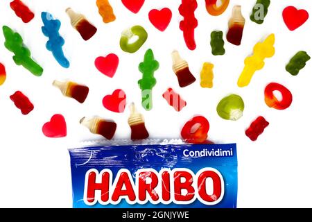 Haribo Candies package on white background. Haribo is a German Confectionery Company Stock Photo