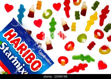 Haribo Candies package on white background. Haribo is a German Confectionery Company Stock Photo