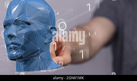 A close up shot of a man's hand touching a human head with network plexus structure 3D Stock Photo