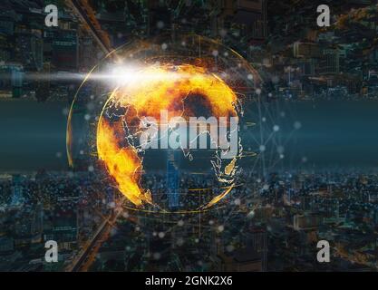 particle earth with technology network circle over cityscape background, technology and innovation concept Stock Photo