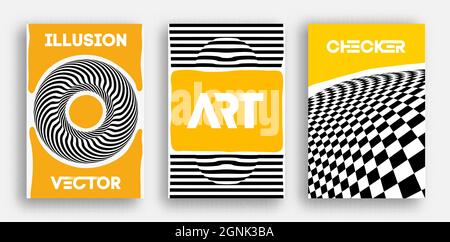 Vector Poster Set. Psychedelic pattern background optical illusion vector. Abstract 3d black and white lines background. Stock Vector