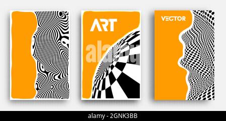Vector Poster Set. Psychedelic pattern background optical illusion vector. Abstract 3d black and white lines background. Stock Vector