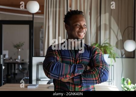 Head shot portrait of happy African American business man, leader Stock Photo
