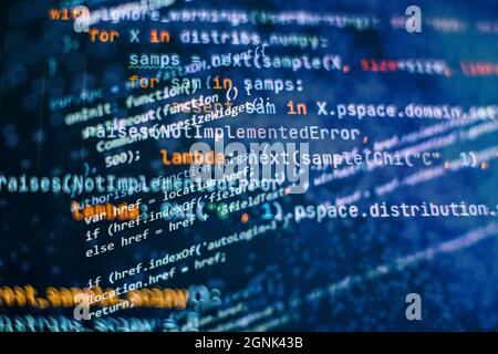 SEO optimization. Modern tech. PHP syntax highlighted. Writing programming functions on laptop. Big data and Internet of things trend. Stock Photo