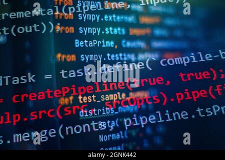 SEO optimization. Modern tech. PHP syntax highlighted. Writing programming functions on laptop. Big data and Internet of things trend. Stock Photo