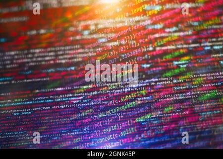 Computer script. Web develop company web interface icon for software design concept. PHP code abstract technology background. Stock Photo