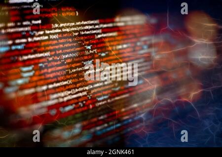 Computer script. Web develop company web interface icon for software design concept. PHP code abstract technology background. Stock Photo
