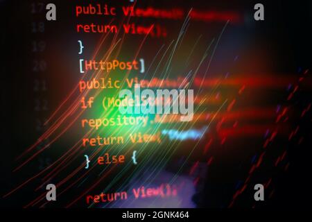 Computer script. Web develop company web interface icon for software design concept. PHP code abstract technology background. Stock Photo