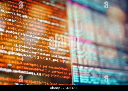 Computer script. Web develop company web interface icon for software design concept. PHP code abstract technology background. Stock Photo