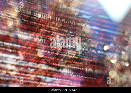 Computer script. Web develop company web interface icon for software design concept. PHP code abstract technology background. Stock Photo