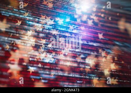 Computer script. Web develop company web interface icon for software design concept. PHP code abstract technology background. Stock Photo