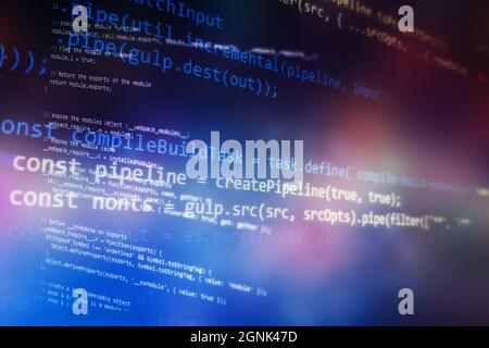Desktop PC monitor photo. Javascript functions, variables, objects. Project managers work new idea. Future technology creation process. Stock Photo