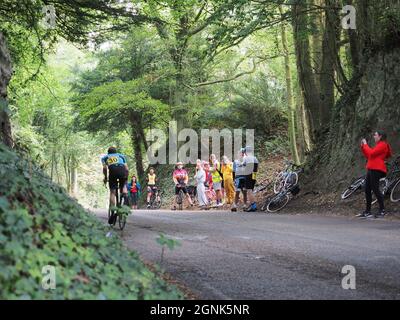 Hollingbourne, Kent, UK. 26th September, 2021. Photos from the annual 'Hollingbourne Hill Climb' cycling time trial organised by Wigmore Cycling Club. This is one of the shortest but most punishing time trials around. The course is the best part of a mile up the grueling Hollingbourne Hill which rises at a very steep gradient over the north downs in Kent, with the gradient increasing even further half way up!  41 competitors from around the South East took part in this end of season event. Credit: James Bell/Alamy Live News Stock Photo
