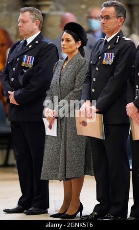 (left to right) John Apter, National Chair of the Police Federation of England and Wales, Home Secretary Priti Patel, and Lincolnshire Police Chief Constable Chris Haward, during the National Police Memorial Day Service at Lincoln Cathedral, Lincoln. Picture date: Sunday September 26, 2021. Stock Photo