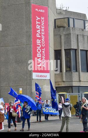 Brighton UK 26th September 2021 - Anti Brexit protesters outside at the Labour Party Conference being held in the Brighton Centre  : Credit Simon Dack / Alamy Live News Stock Photo