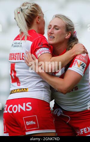 St Helens' Jodie Cunningham celebrates with the trophy after the ...