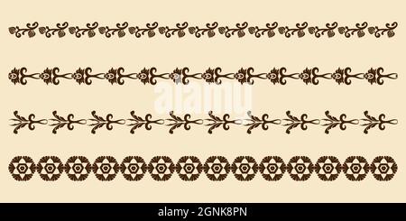 Vector set of ornaments borders in vintage style. Patterned lace frames for design. Brown and beige. Damask patterns. Computer graphics. Stock Vector