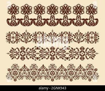 Set of four border ornaments. Patterned frames Damascus in antique style. Vector design element. Computer graphics. Stock Vector