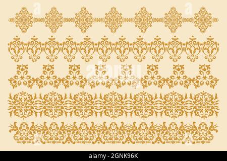 A set of five decorative borders. Damascus frames in old style. Vector design element. Computer graphics. Stock Vector