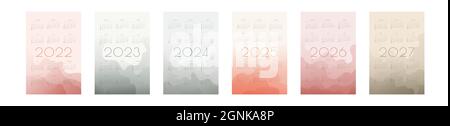 2022 2023 2024 2025 2026 2027 calendar with multicilor translucent gradient fluid wave shapes. Set of vertical annual template for print and digital. Week starts on Sunday Stock Vector