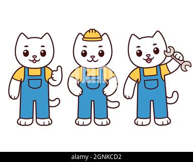 Cute cartoon construction worker cat character set. White kitty mascot in uniform with handyman tools. Vector clip art illustration. Stock Vector