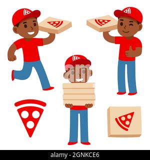 Cute cartoon Black pizza delivery boy holding pizza boxes with pizzeria logo. Simple flat vector character illustration. Stock Vector